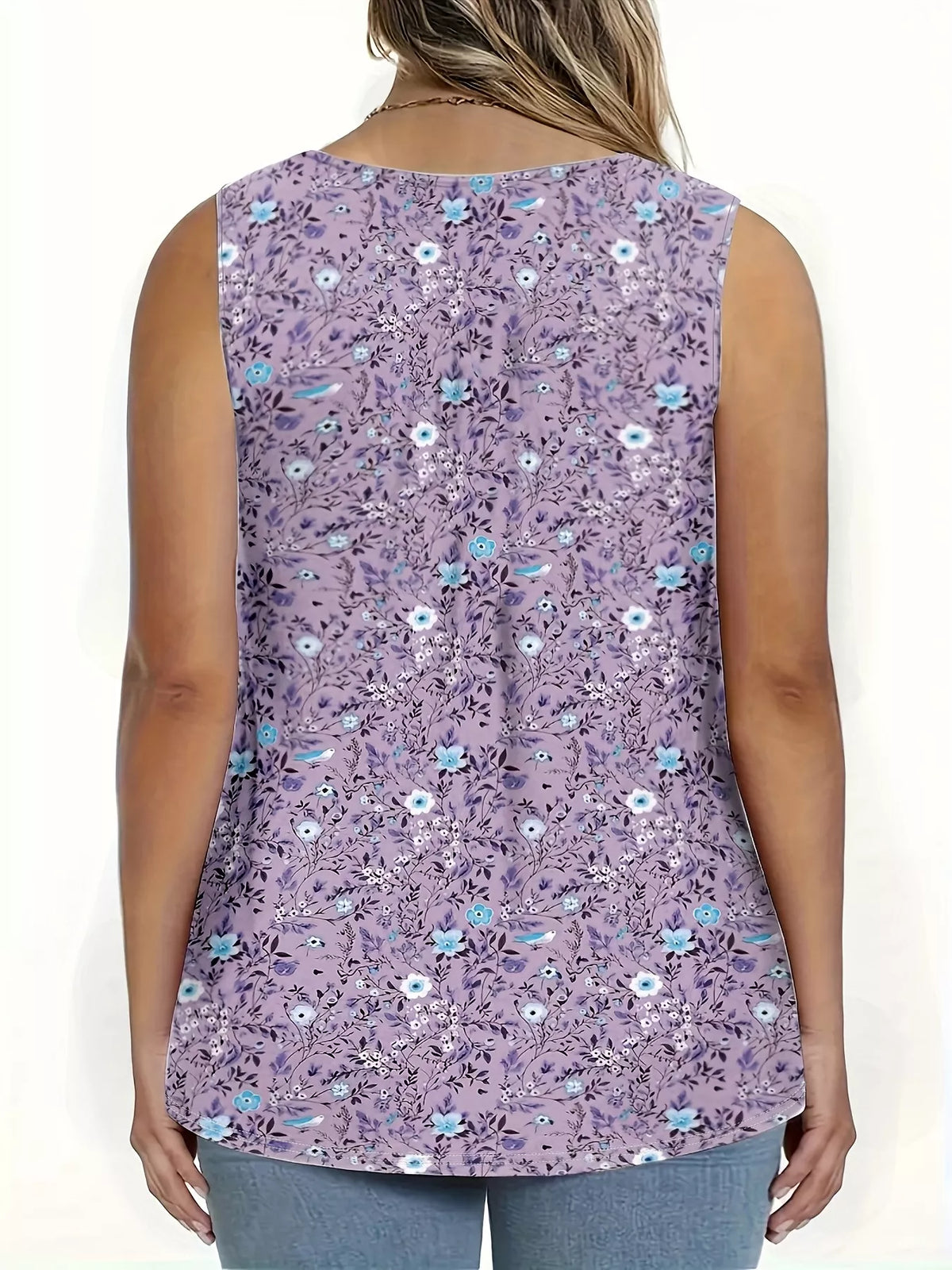 Full Size Floral Print Button Detail Tank Plus Size - Draped in Grace