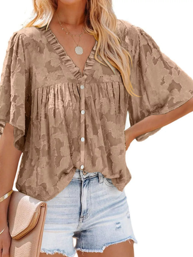 Full Size Textured V-Neck Button-Down Shirt Plus Size - Draped in Grace