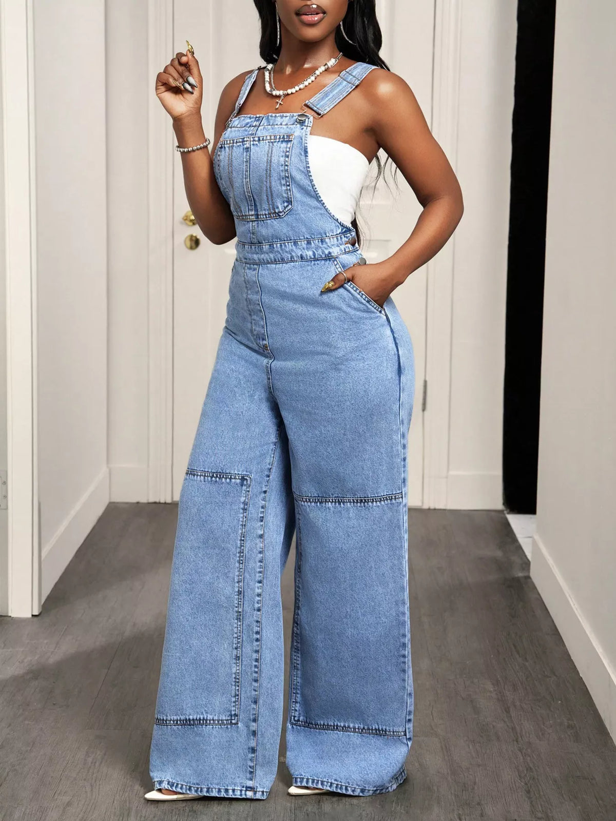 Wide Strap Wide Leg Denim Overalls - Draped in Grace