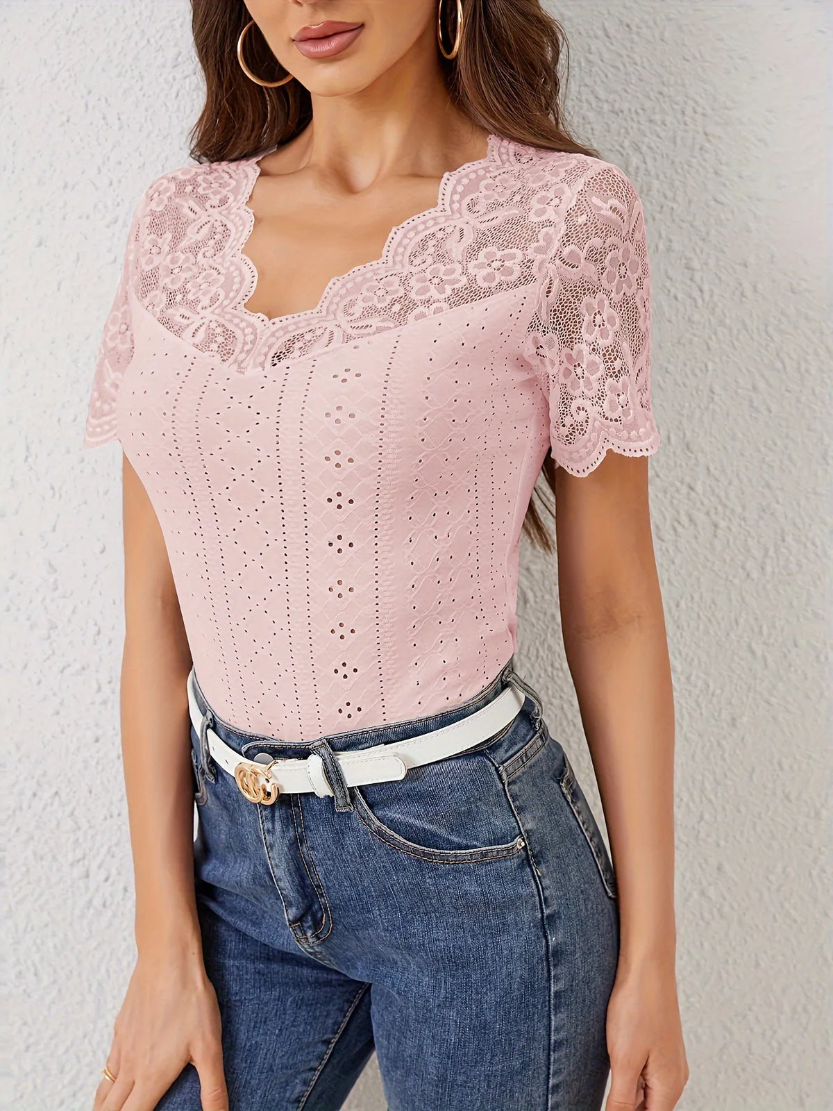 Lace Scalloped V-Neck Eyelet T-Shirt - Draped in Grace