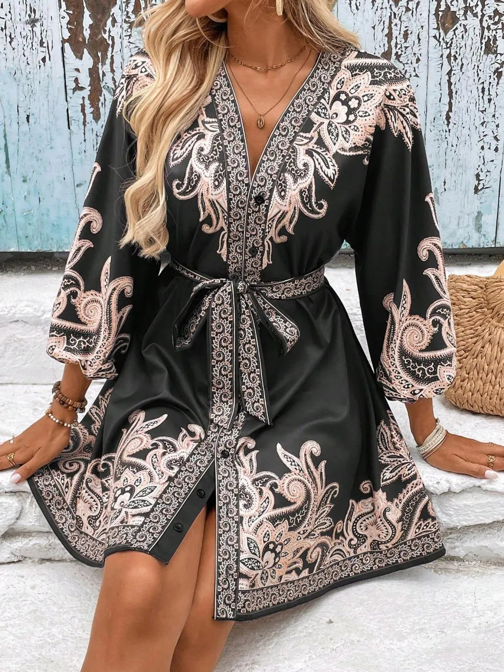 Paisley V-Neck 3/4 Sleeve Mini Dress - Draped in Grace