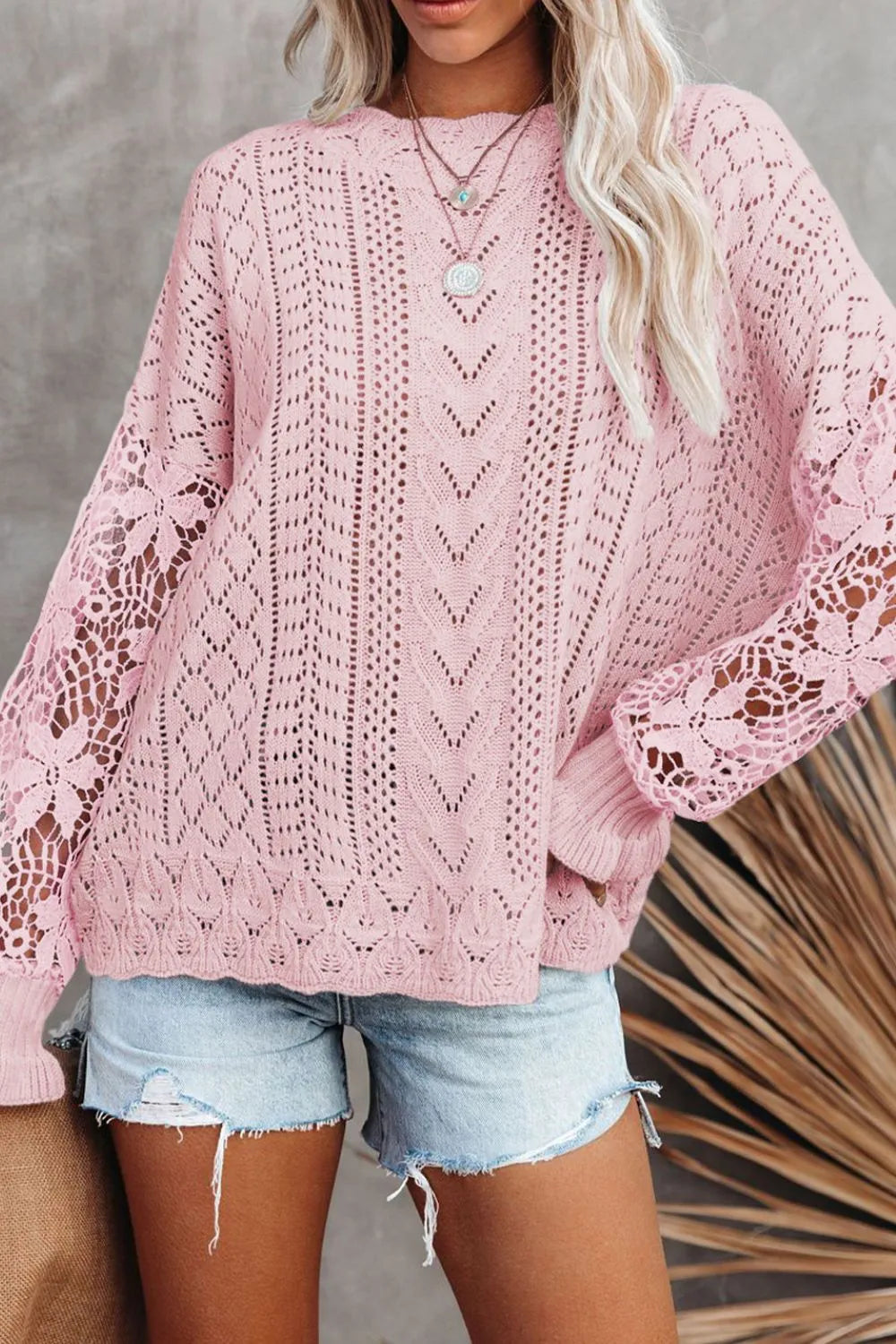 Openwork Round Neck Long Sleeve Sweater - Draped in Grace