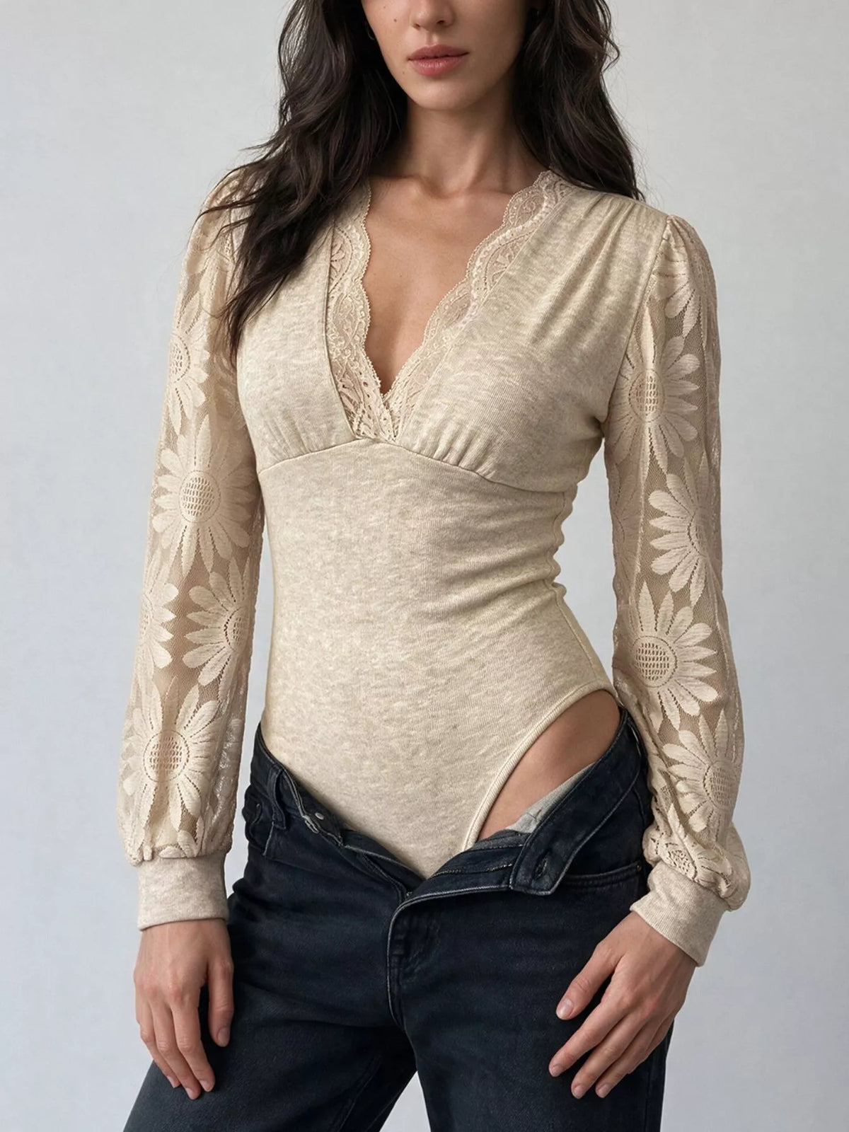 V-Neck Lace Trim Floral Mesh Sleeve Bodysuit - Draped in Grace