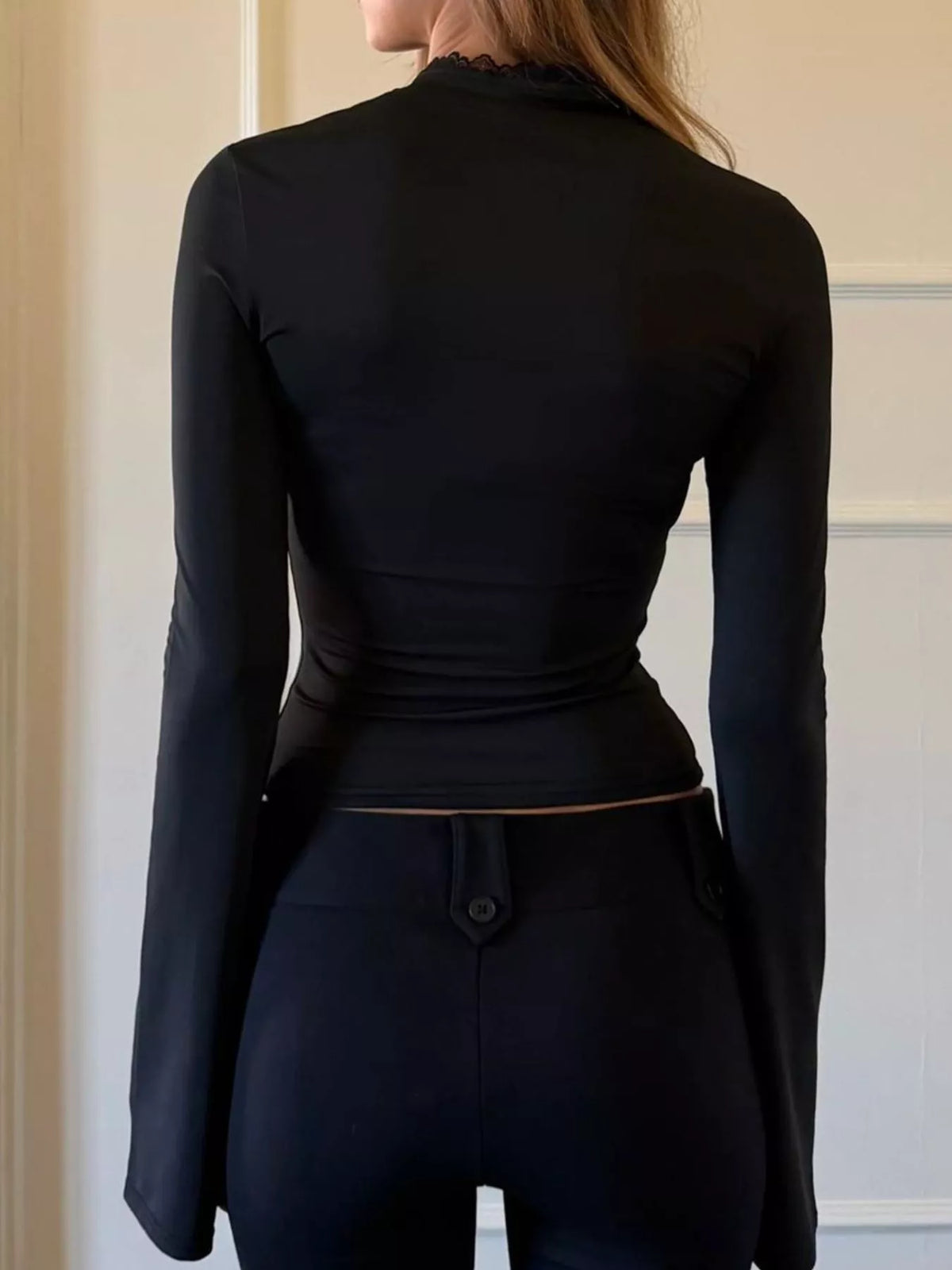 Lace-Trimmed Keyhole Long Sleeve T-Shirt - Draped in Grace