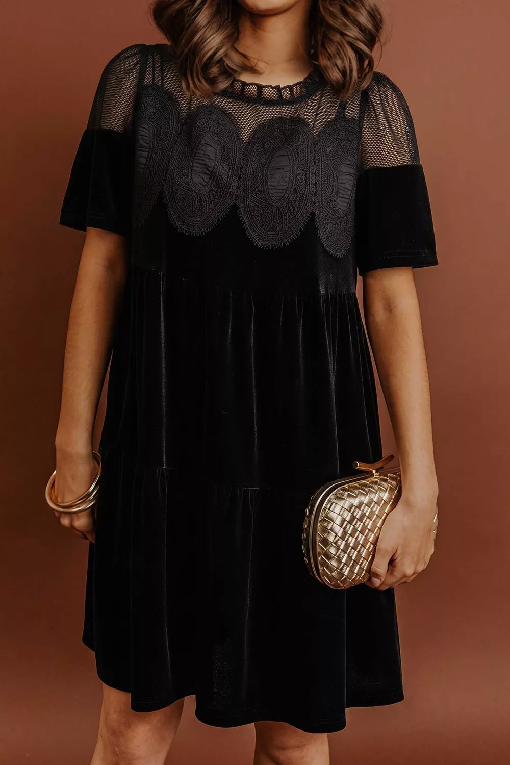 Embroidered Velvet Short Sleeve Mini Shift Dress - Draped in Grace