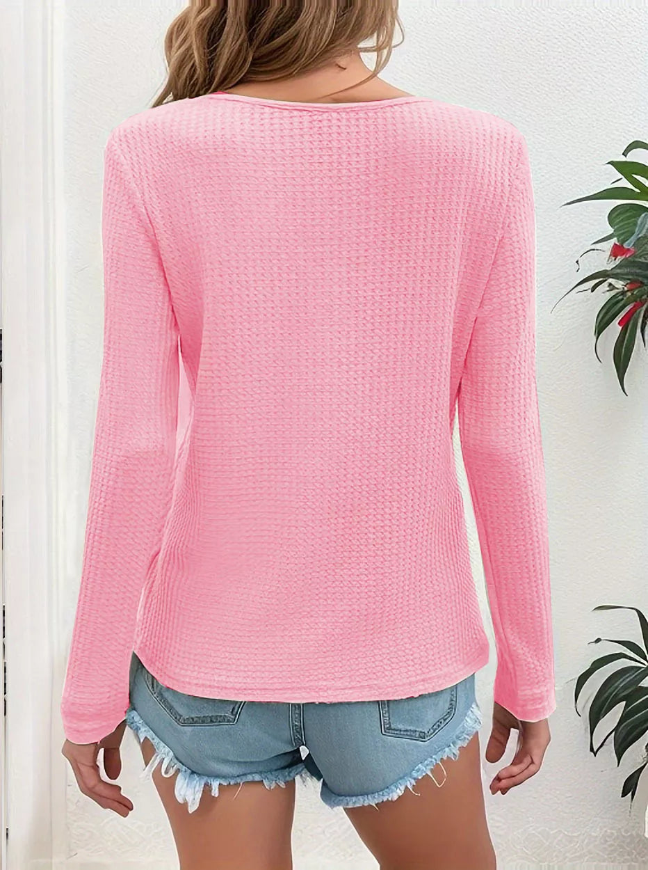 Waffle Knit Button-Detail V-Neck T-Shirt - Draped in Grace