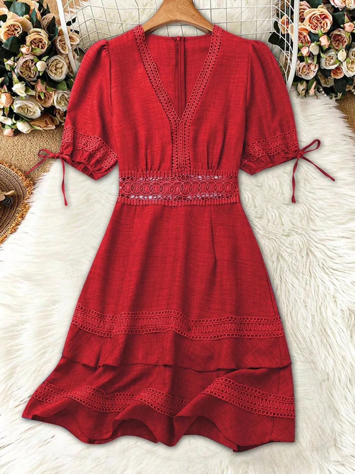 Lace Detail V-Neck Mini Dress - Draped in Grace