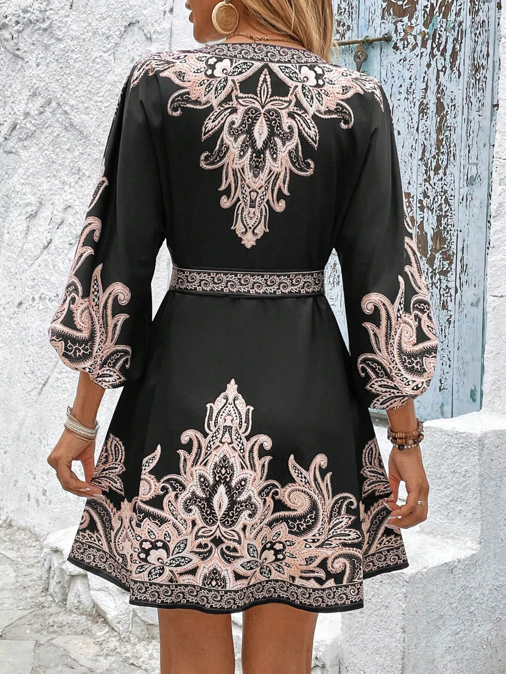 Paisley Print V-Neck Belted Mini Dress - Draped in Grace