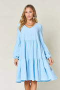 Double Take Full Size V-Neck Balloon Sleeve Tiered Dress with Pockets - Draped in Grace