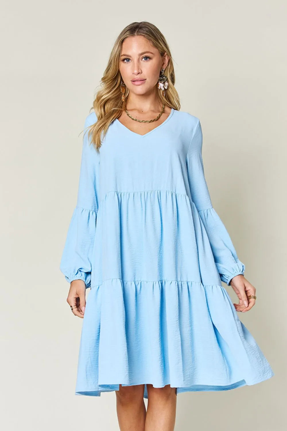 Double Take Full Size V-Neck Balloon Sleeve Tiered Dress with Pockets - Draped in Grace