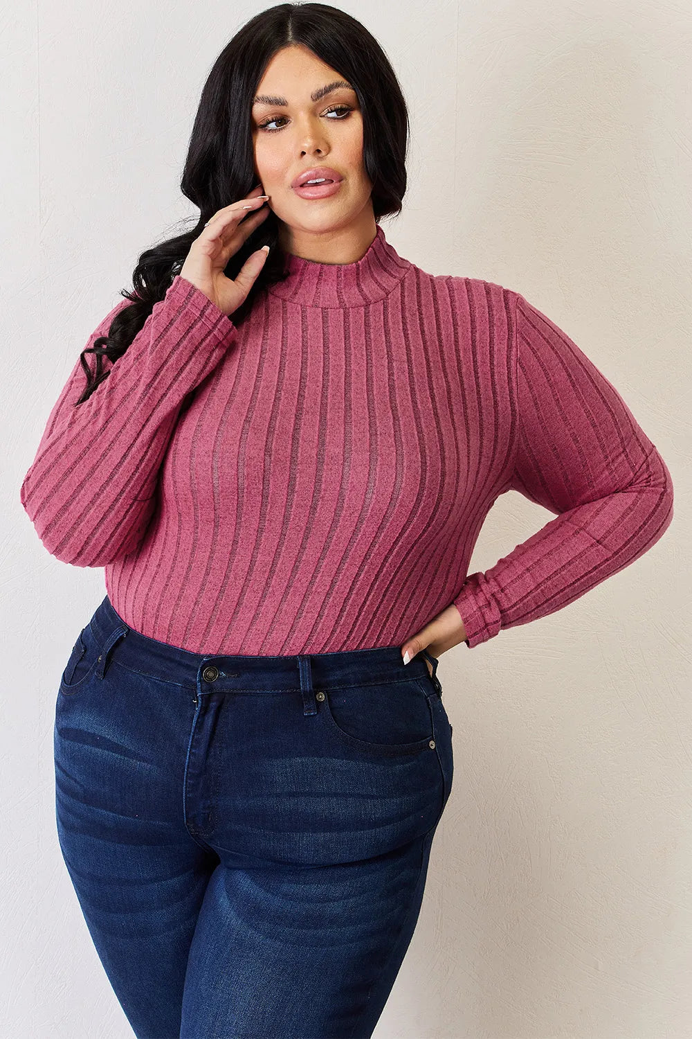 Basic Bae Full Size Ribbed Mock Neck Long Sleeve T-Shirt - Draped in Grace