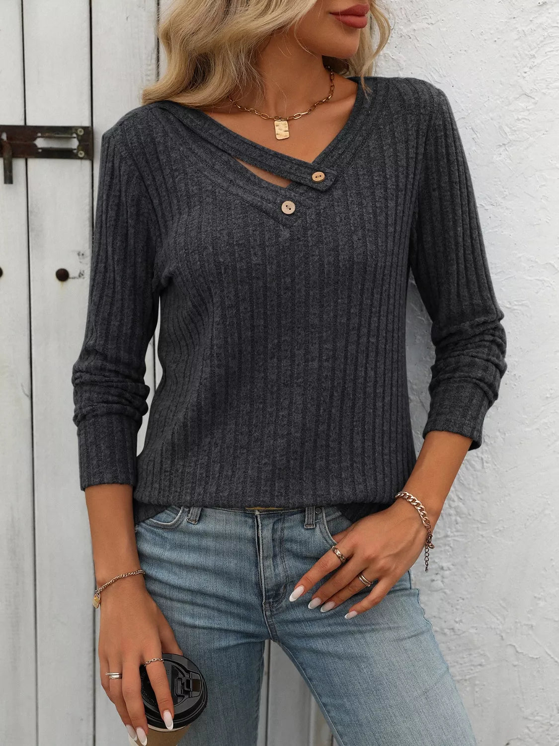 Ribbed Knit Long Sleeve Button Detail T-Shirt - Draped in Grace