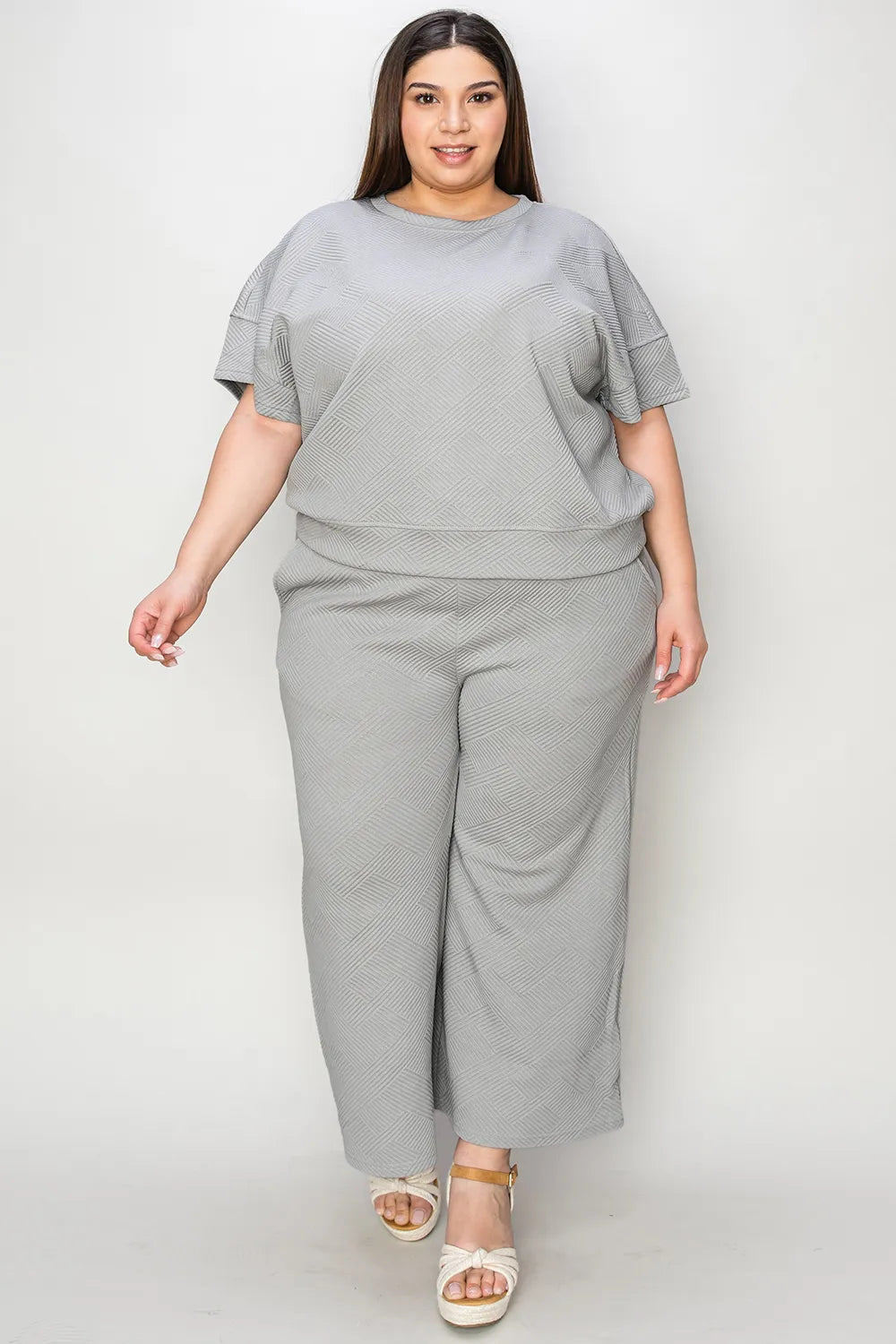 Double Take Full Size Texture Short Sleeve Top and Pants Set - Draped in Grace