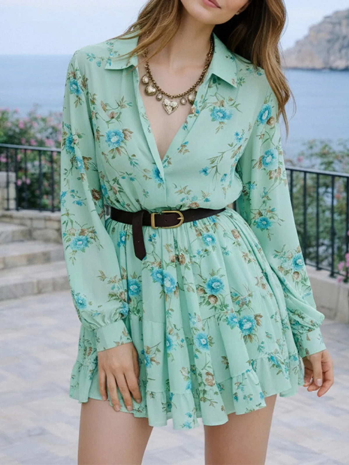 Full Size Floral Print Long Sleeve Shirt Dress Plus Size - Draped in Grace