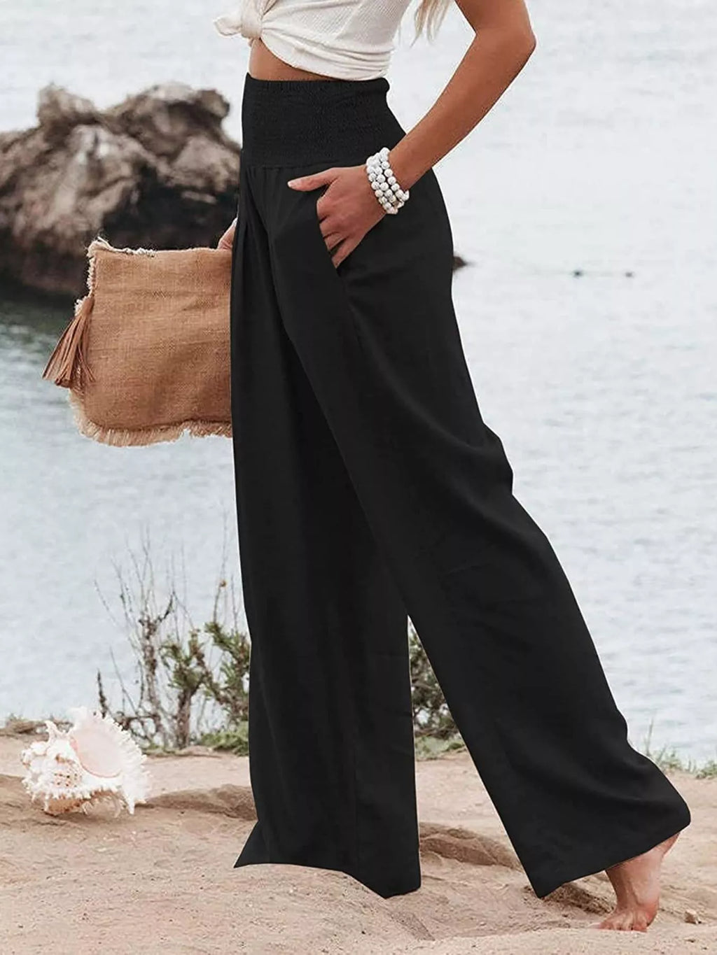 Smocked High Waisted Wide Leg Pants - Draped in Grace