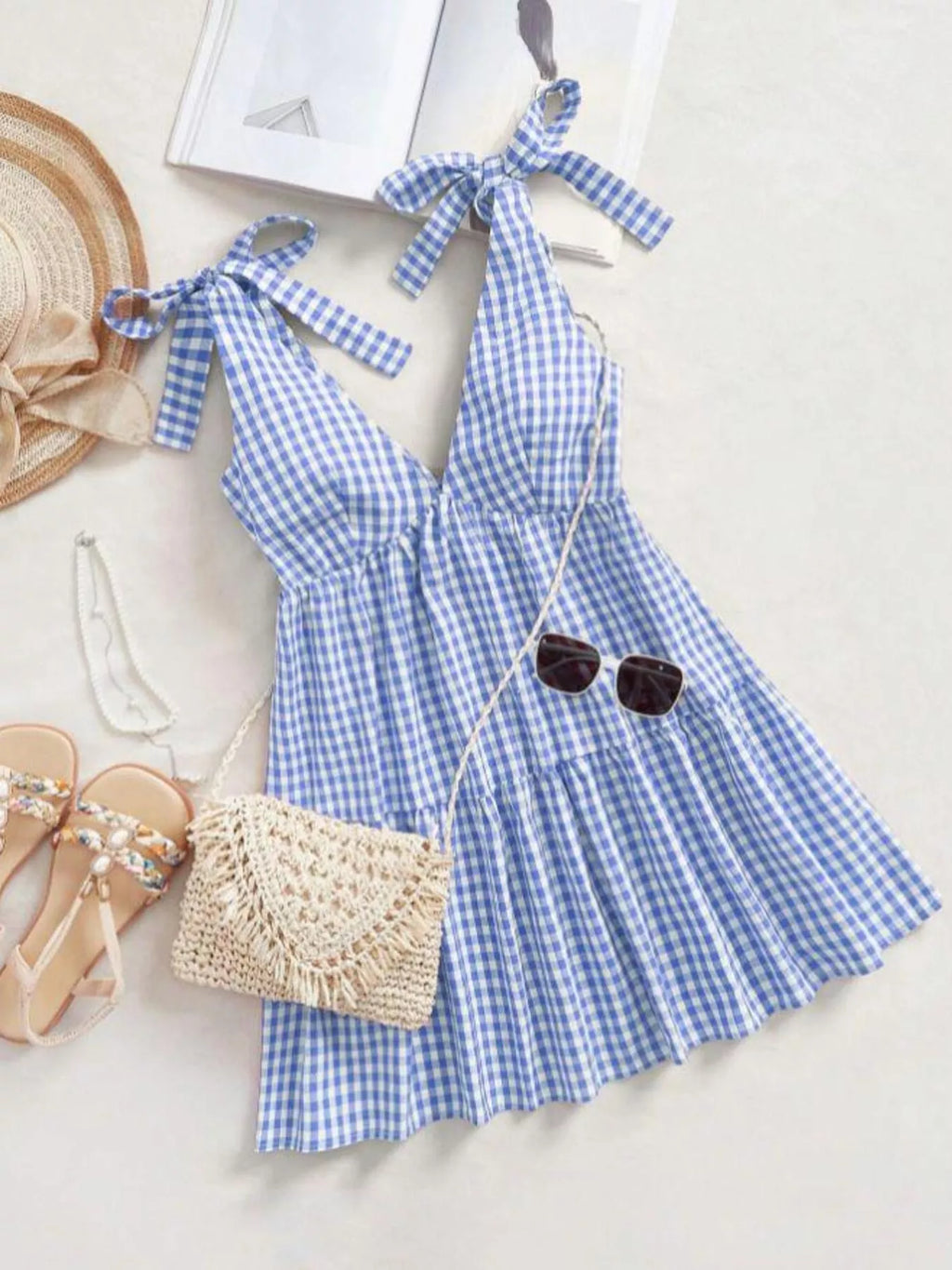 Gingham Tie-Shoulder Ruffle Hem Mini Dress - Draped in Grace