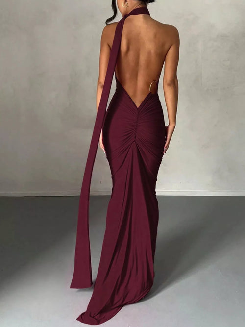 Backless One-Shoulder Ruched Bodycon Maxi Dress - Draped in Grace