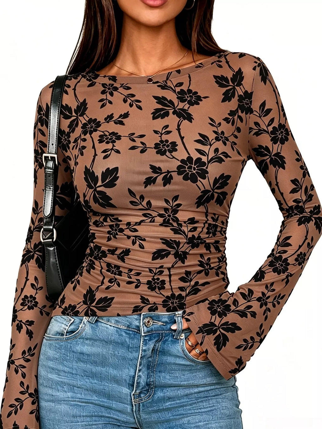 Slim Fit Floral Print Long Sleeve Top - Draped in Grace