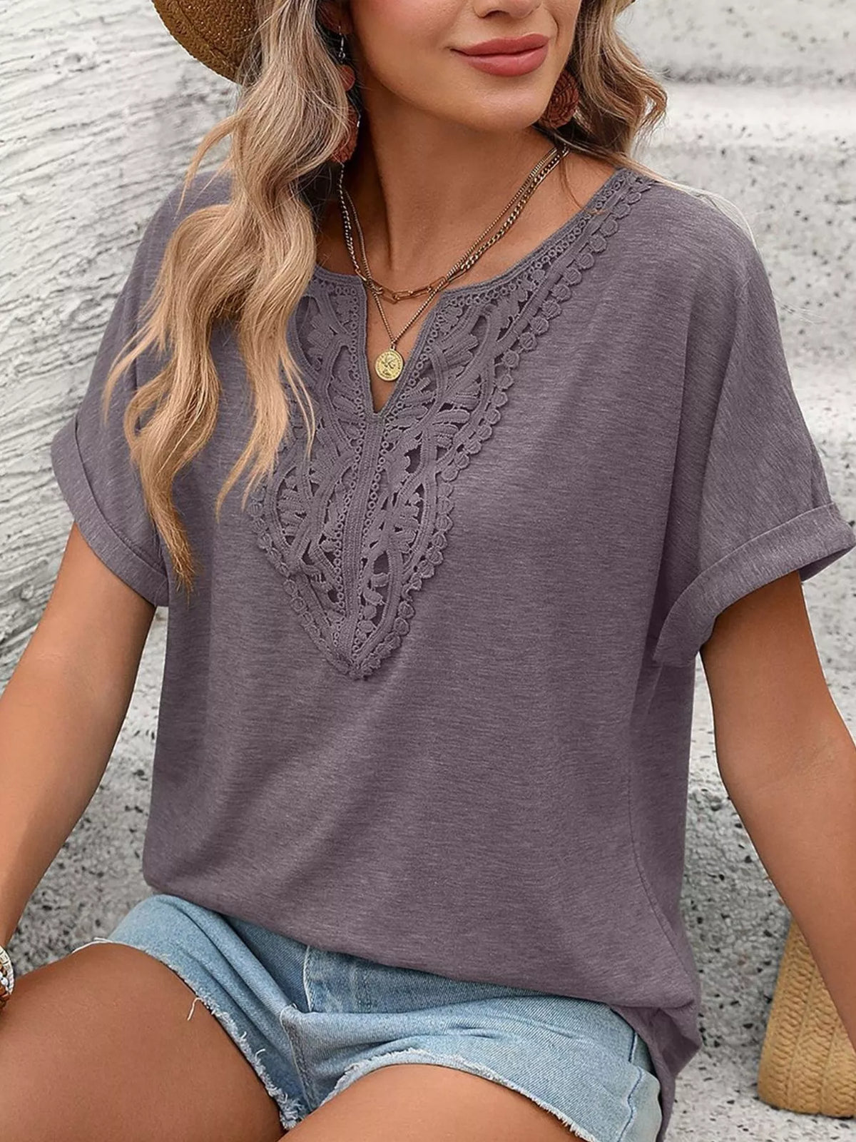 Lace Trim Short Sleeve T-Shirt - Draped in Grace