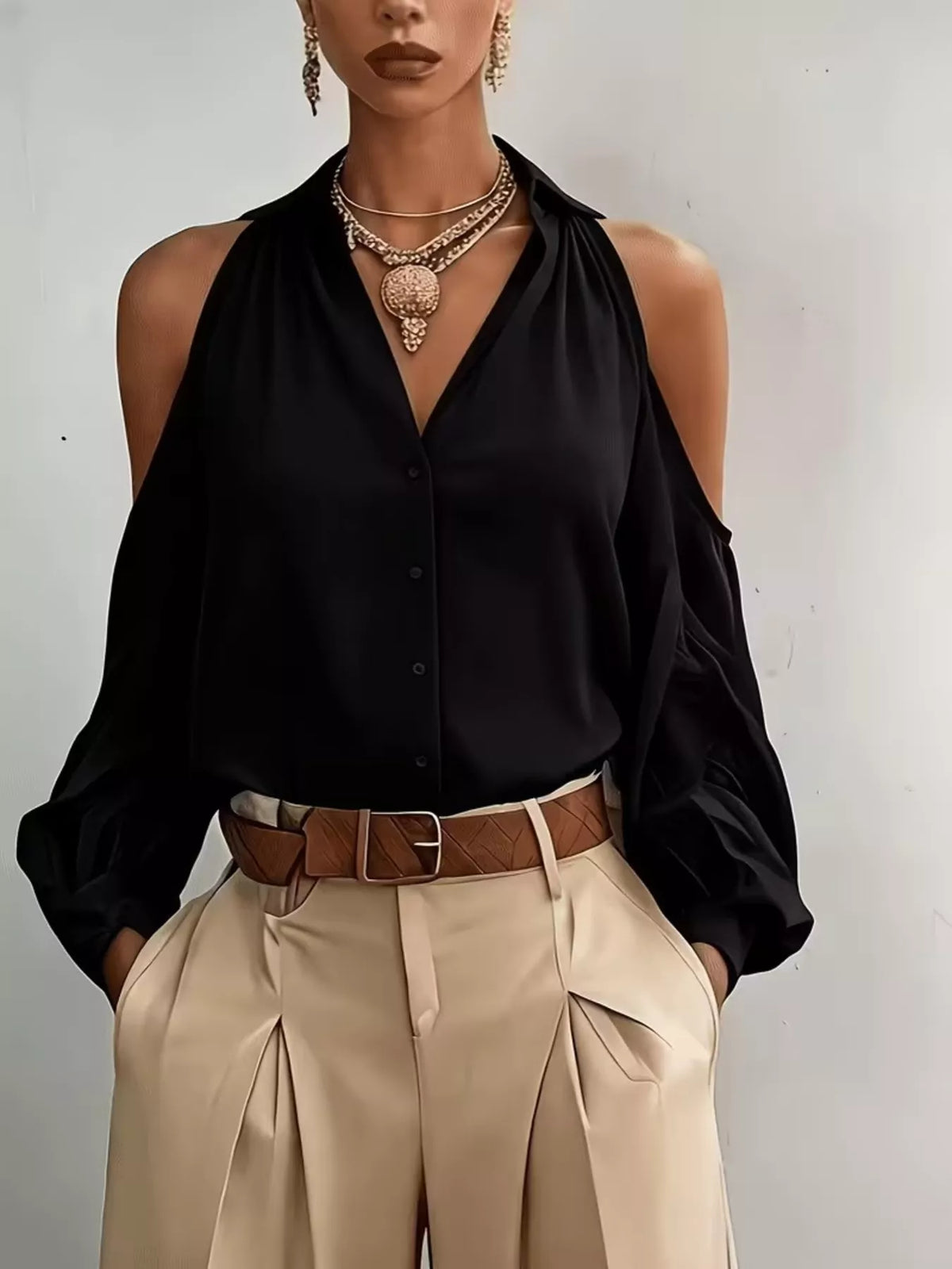 Cold-Shoulder Button-Down Shirt - Draped in Grace