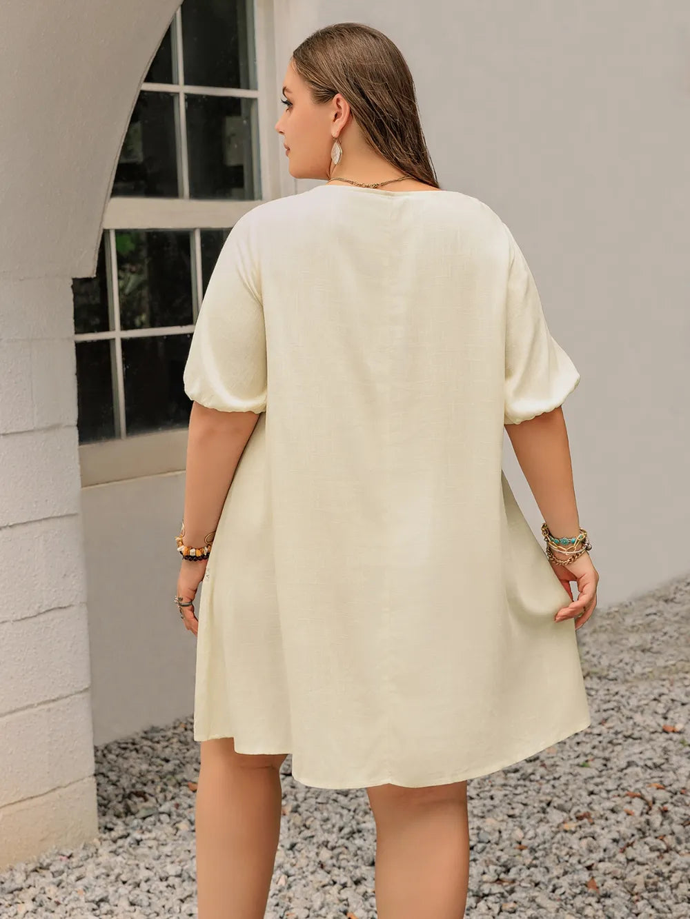 Plus Size Lace Detail Square Neck Puff Sleeve Mini Dress - Draped in Grace