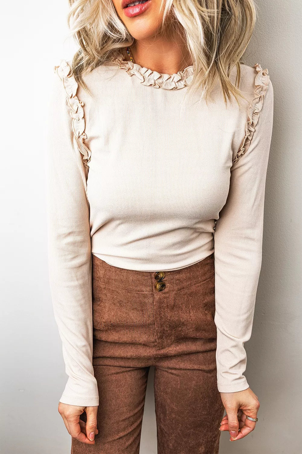 Solid Color Round Neck Frill Detail Long Sleeve Top - Draped in Grace