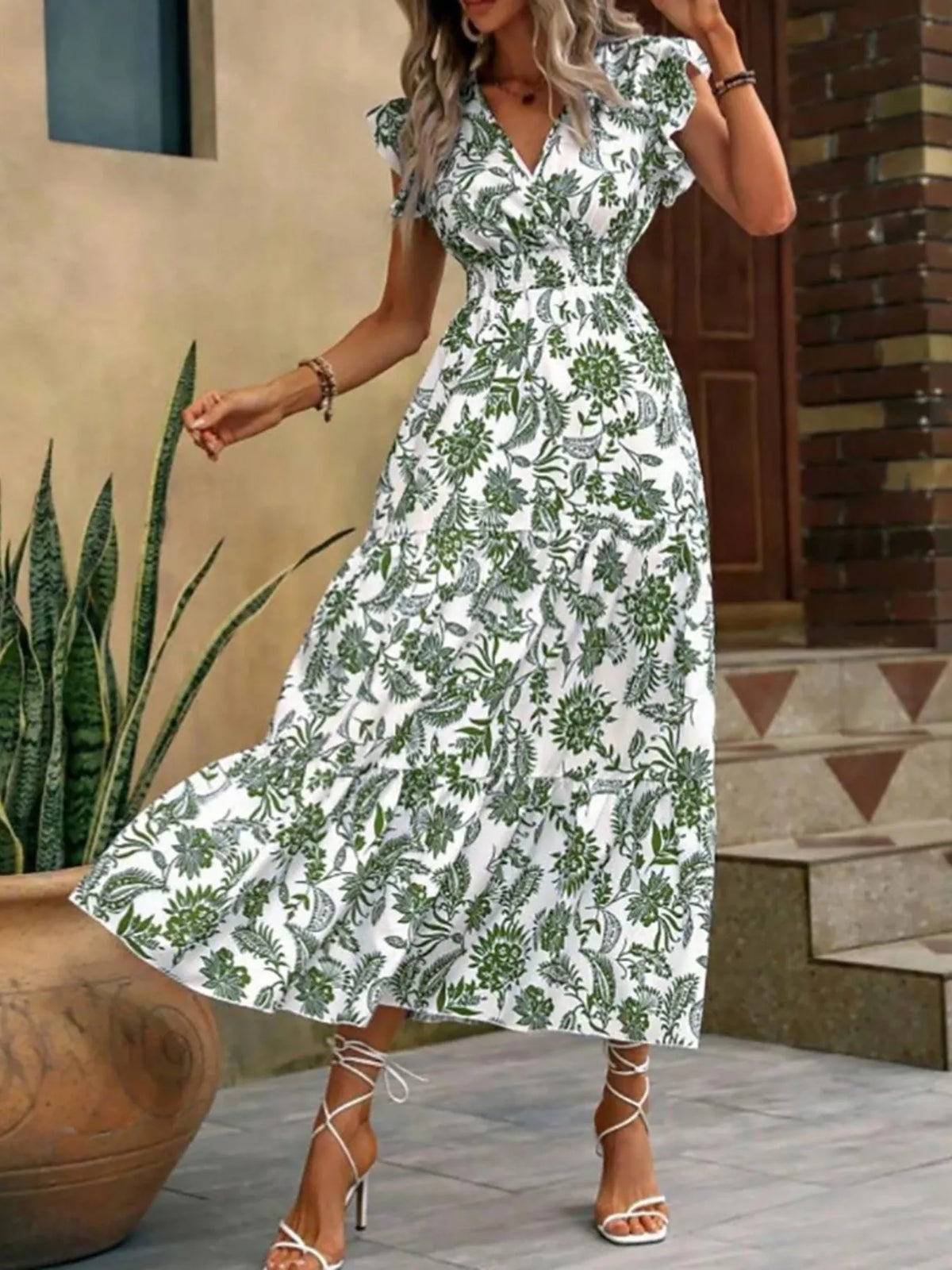 Floral Print Ruffle Sleeve Midi Dress - Draped in Grace