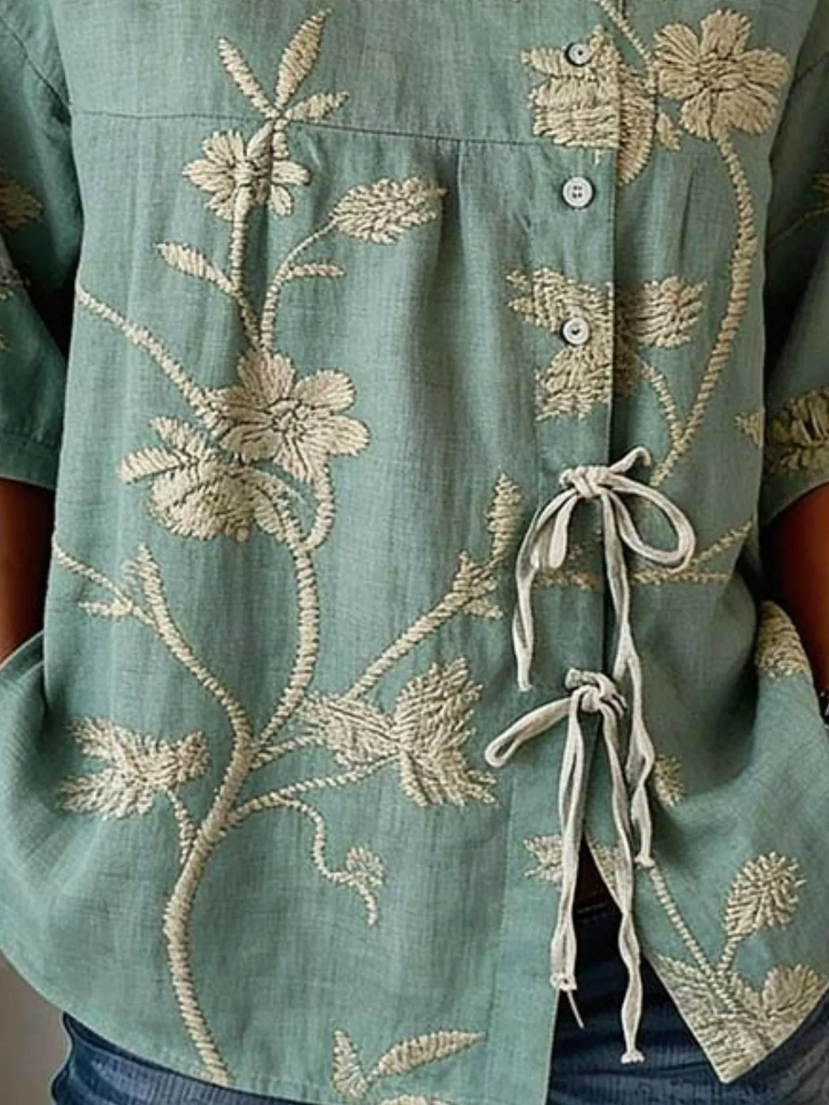 Full Size Embroidered Floral Tie Front Shirt Plus Size - Draped in Grace