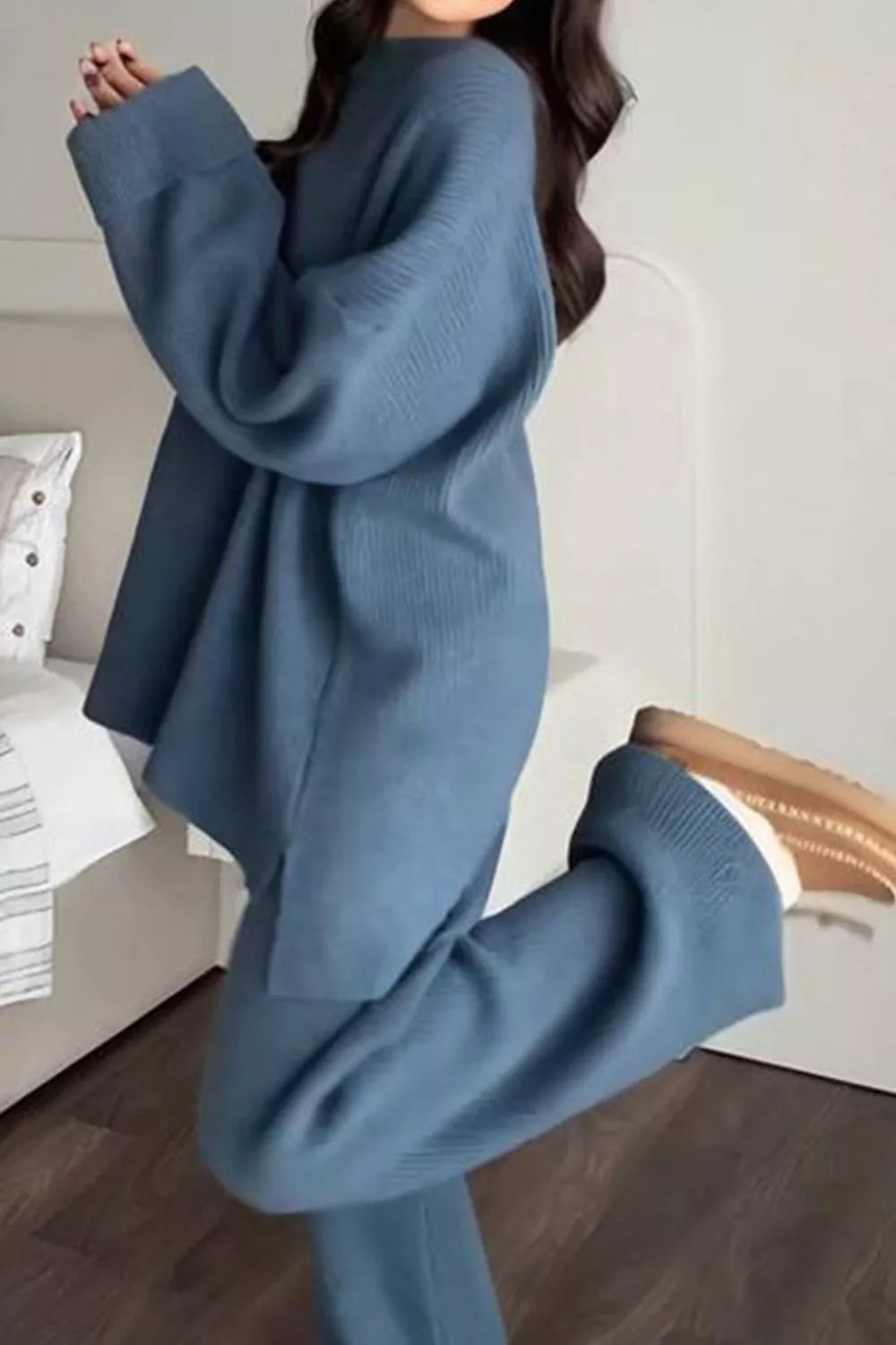 Dropped Shoulder Knit Sweater and Wide Leg Pants Set - Draped in Grace