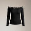 Longsleeve Off-the-Shoulder Top with Lace Trim, Black