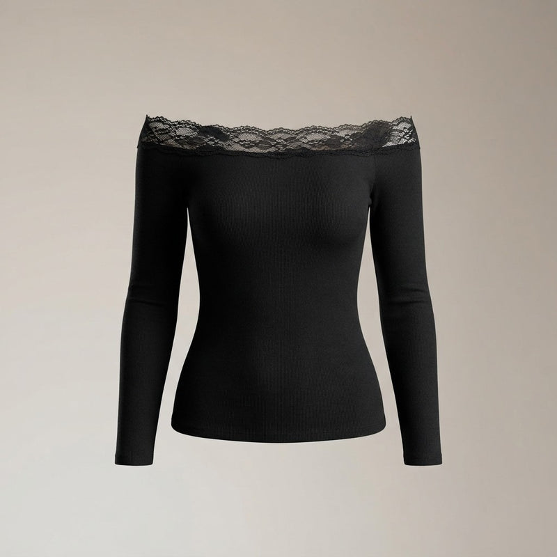 Longsleeve Off-the-Shoulder Top with Lace Trim, Black