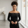 Longsleeve Off-the-Shoulder Top with Lace Trim, Black
