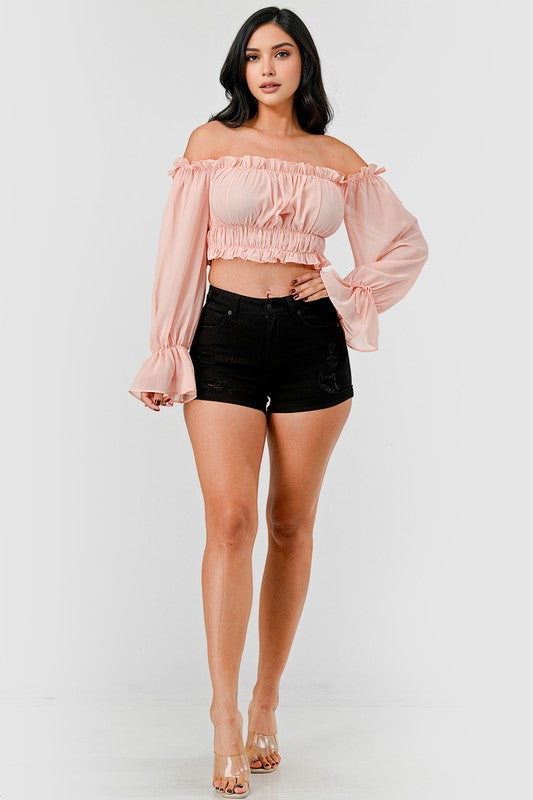 Off Shoulder Ruffle Trim Knot Sleeve Crop Top - Draped in Grace