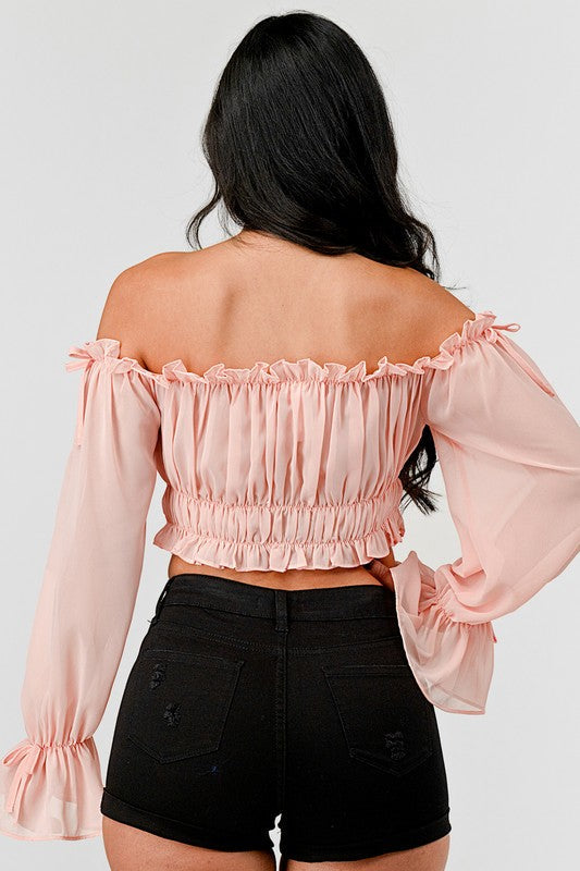 Off Shoulder Ruffle Trim Knot Sleeve Crop Top - Draped in Grace