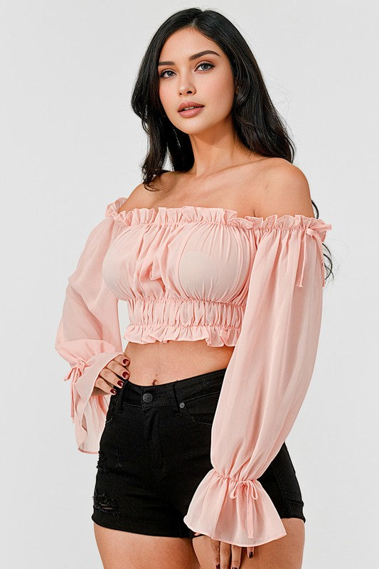 Off Shoulder Ruffle Trim Knot Sleeve Crop Top - Draped in Grace