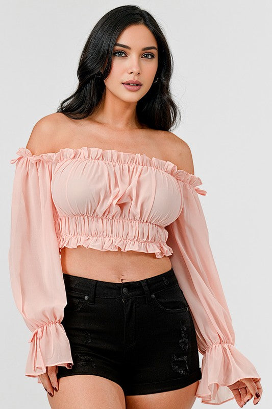 Off Shoulder Ruffle Trim Knot Sleeve Crop Top - Draped in Grace