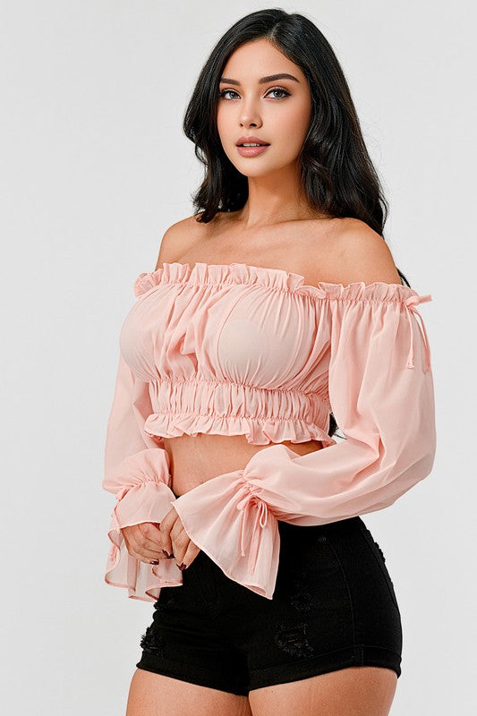 Off Shoulder Ruffle Trim Knot Sleeve Crop Top - Draped in Grace