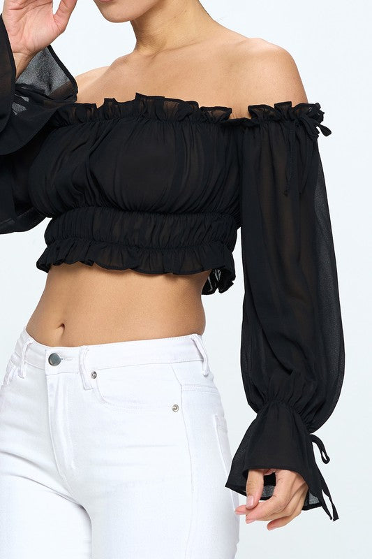 Off Shoulder Ruffle Trim Knot Sleeve Crop Top - Draped in Grace