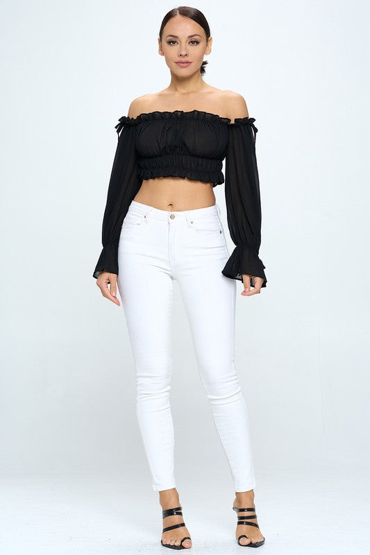 Off Shoulder Ruffle Trim Knot Sleeve Crop Top - Draped in Grace