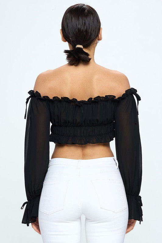 Off Shoulder Ruffle Trim Knot Sleeve Crop Top - Draped in Grace