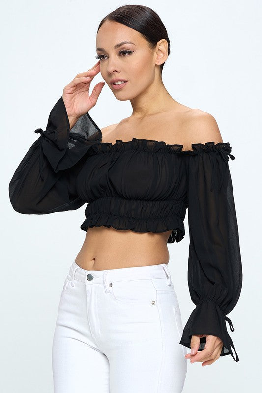 Off Shoulder Ruffle Trim Knot Sleeve Crop Top - Draped in Grace