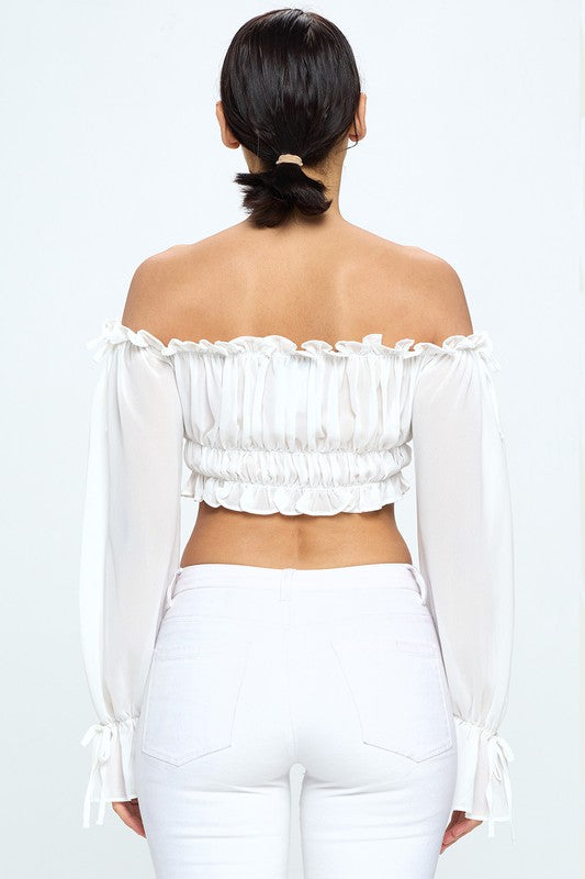 Off Shoulder Ruffle Trim Knot Sleeve Crop Top - Draped in Grace